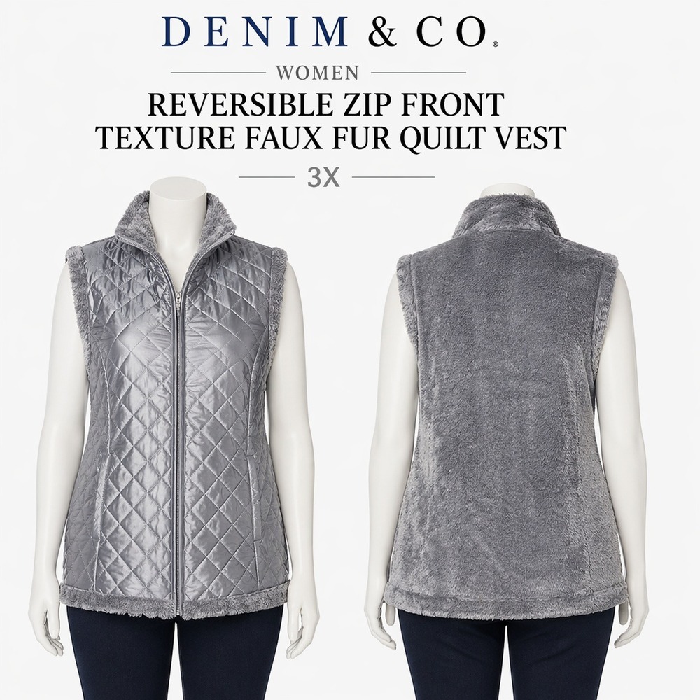 Denim & Co Women 3X Reversible Zip Front Texture Faux Fur Quilt Vest Silver NWT